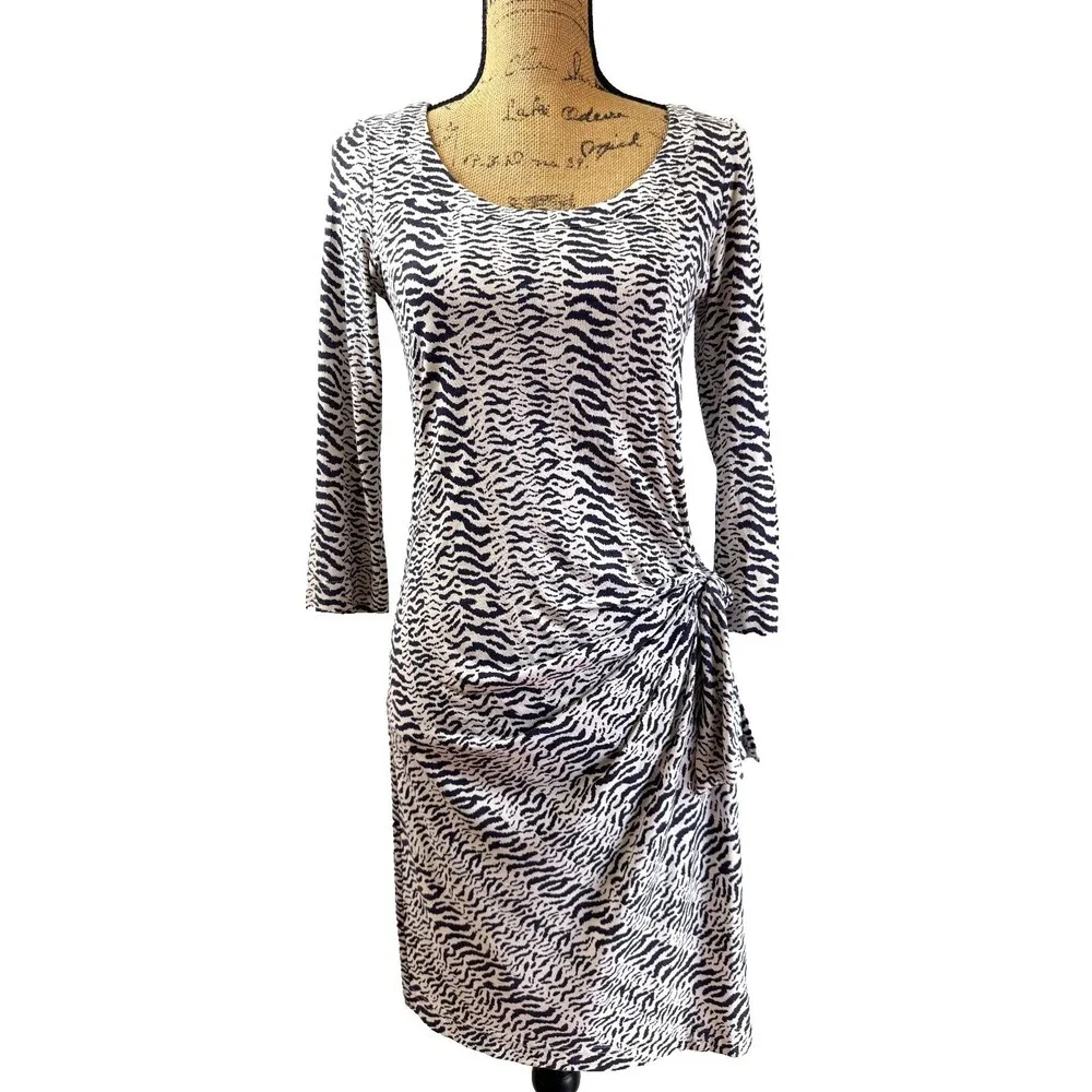 Gerard Darel Zebra Print Silk Cotton Ruched Side Tie Dress Size 38/US 6 France